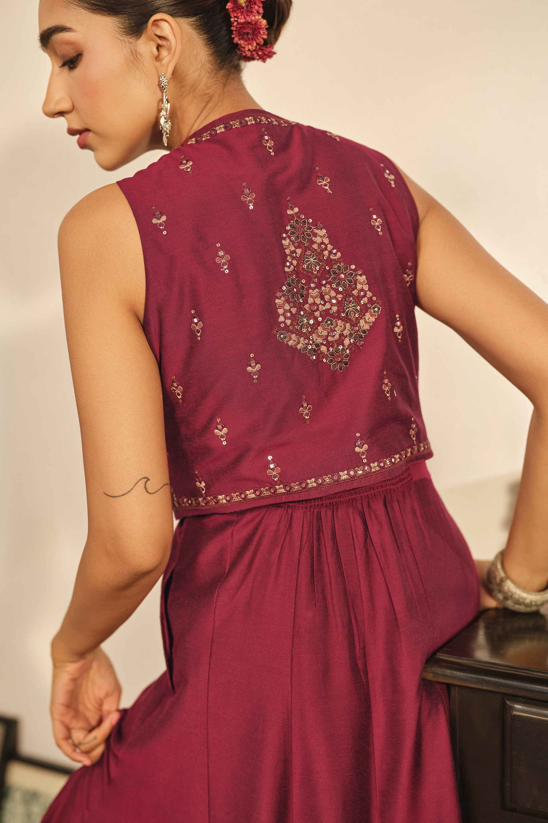 Embroidered Maxi Dress Set in Maroon, Maroon, image 4